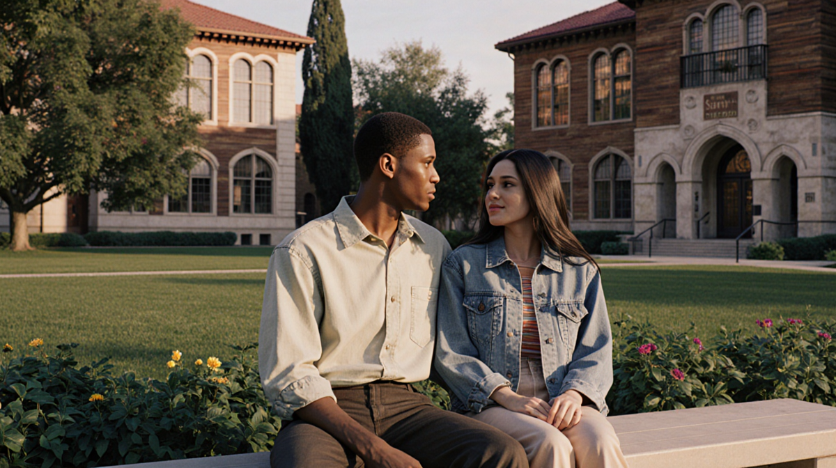 Brown and Bathé sit together on bench with vintage Stanford buildings and warm lighting showing nostalgic 90s campus vibe