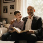 Stanley Tucci smiles warmly at his eldest child while holding a book in their cozy home office filled with family photos