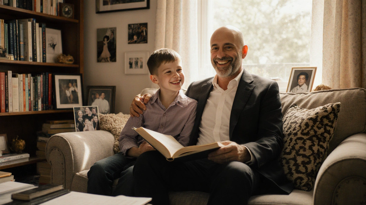 Stanley Tucci smiles warmly at his eldest child while holding a book in their cozy home office filled with family photos