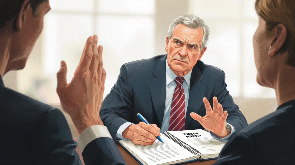 Stanton Stein gestures with pen toward lawyer's notebook showing Timothy Busfield's name with blurred office background