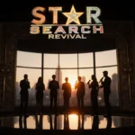 Mirror reflects confident contestants with microphones in dim TV studio with sunset cityscape and bold Star Search logo.
