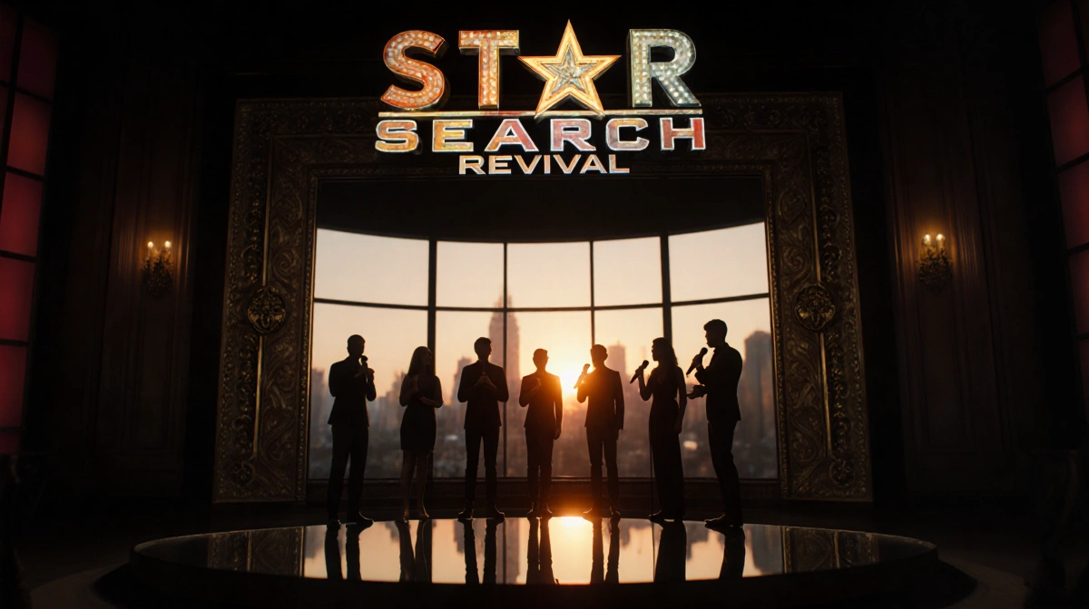 Mirror reflects confident contestants with microphones in dim TV studio with sunset cityscape and bold Star Search logo.