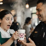 A Starbucks barista hands a coffee cup with pig doodle to a smiling sheriff