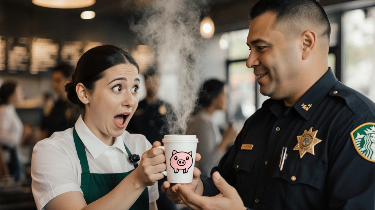 A Starbucks barista hands a coffee cup with pig doodle to a smiling sheriff