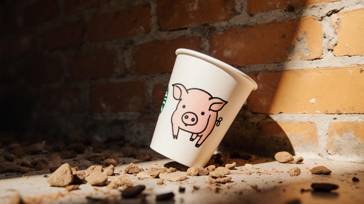 Starbucks cup with hand-drawn pig design sits abandoned on warm wooden counter with golden light highlighting its playful cha