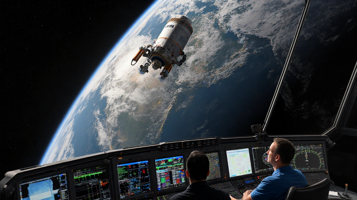 Boeing Starliner spacecraft floats near ISS with NASA engineers monitoring screens and astronauts visible through window