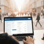 Person compares Starlink plans on laptop with smartphone showing higher data allowance and city view through window