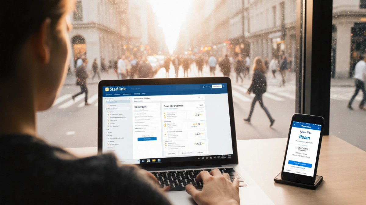 Person compares Starlink plans on laptop with smartphone showing higher data allowance and city view through window