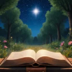 Open leather book resting on wooden bench with starry night sky and forest trees glowing warmly behind