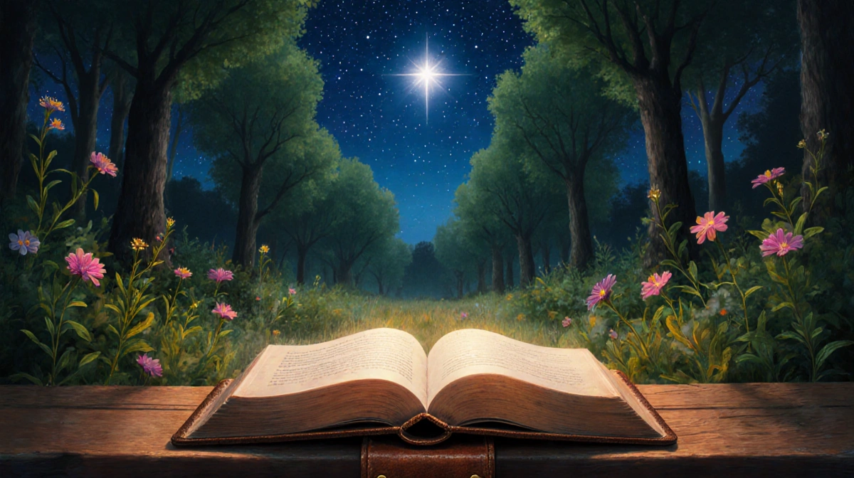 Open leather book resting on wooden bench with starry night sky and forest trees glowing warmly behind