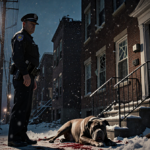 Police officer standing with broken door and glass while pit bull lies twisted in center with blood debris and snowflakes