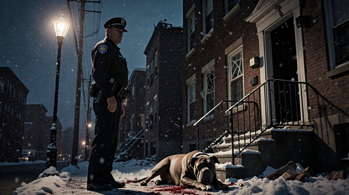 Police officer standing with broken door and glass while pit bull lies twisted in center with blood debris and snowflakes