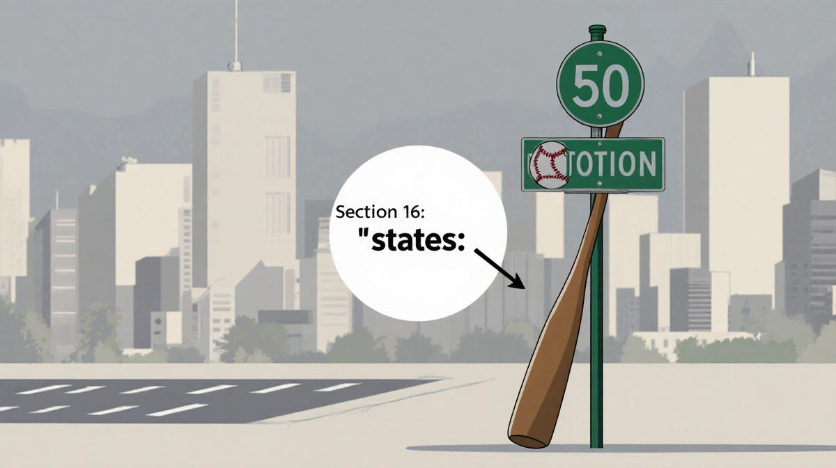 Circle arrow pointing to states text with blurred Los Angeles cityscape and baseball bat near street sign