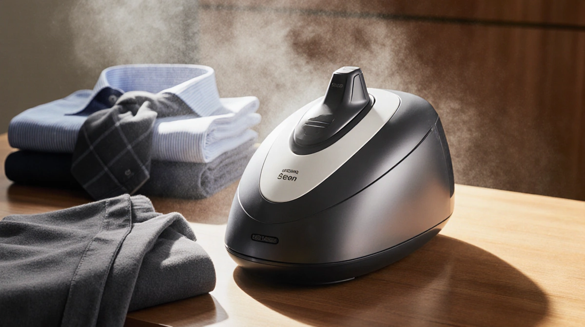 Steam cleaner resting on wooden surface with neatly folded clothes and natural light highlighting the gleaming metal