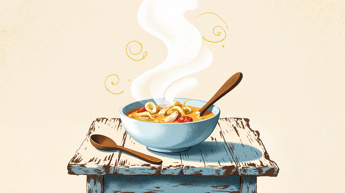 Steaming bowl of comforting soup with wooden spoon on rustic table and golden light highlighting rising steam