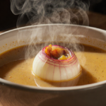 Steaming bowl of soup showing translucent onion cup inside golden broth glistening with warm lighting