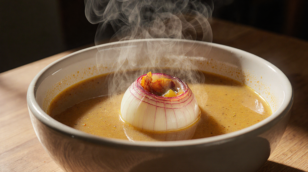 Steaming bowl of soup showing translucent onion cup inside golden broth glistening with warm lighting