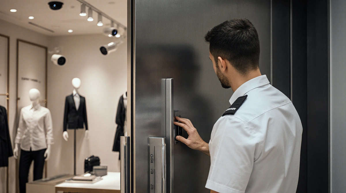 Security technician installing steel door with lock mechanism and discreet cameras near luxury fashion displays