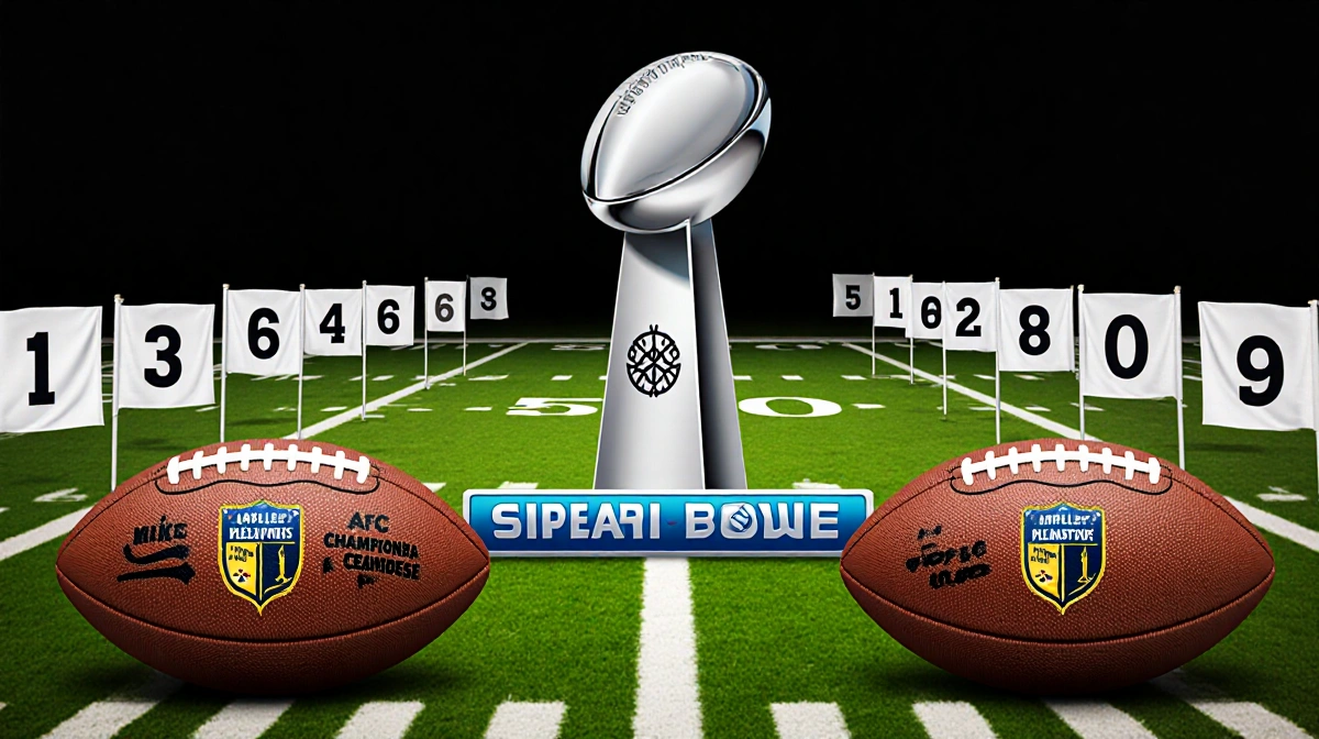 Football field shows 13 numbered flags along sidelines with three footballs and Lombardi Trophy displaying 2009 and Steelers 