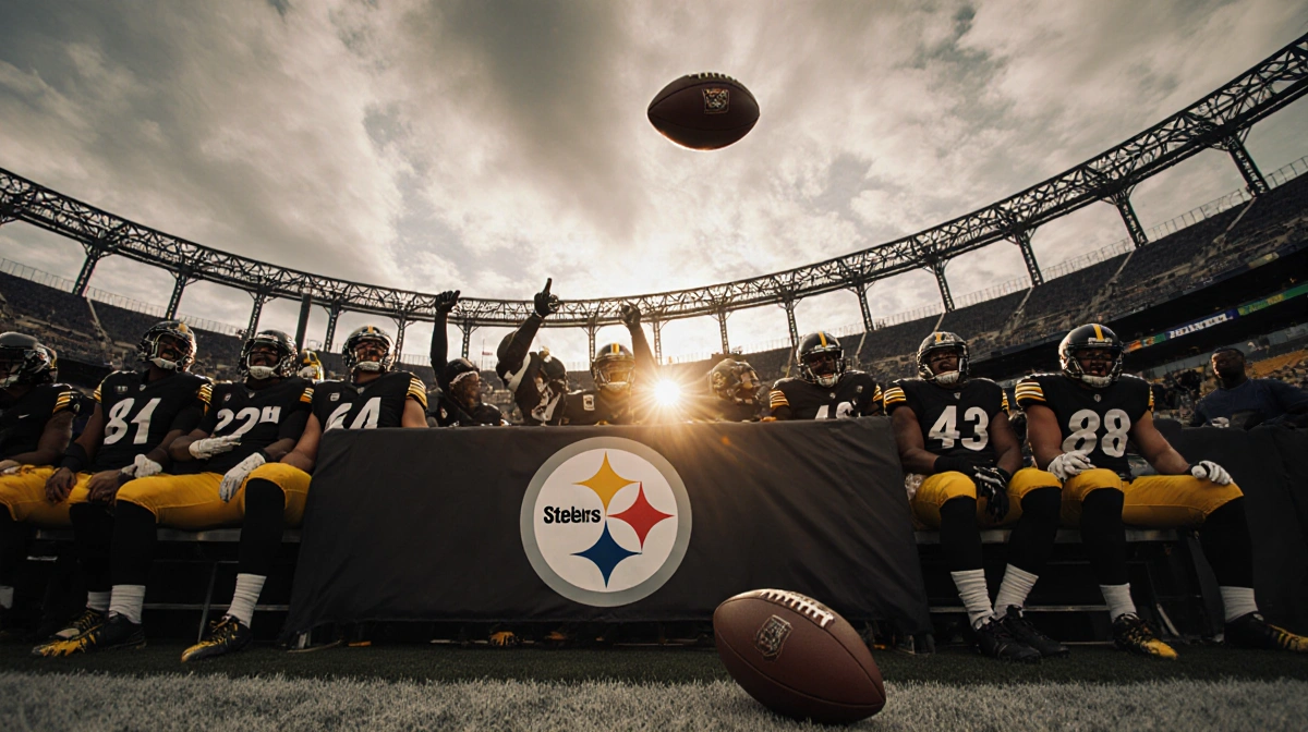 Steelers players celebrate victory with abandoned field goal and mid‑air 2‑point attempt near glowing logo