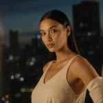 Stefani Sosa stands confidently before mirror with soft lighting showing her empowered stance and blurred cityscape behind