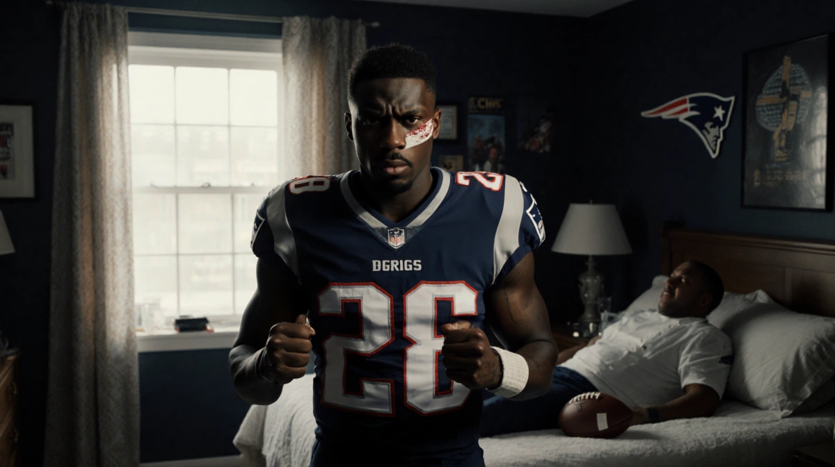 Stefon Diggs accuses with clenched fists in dim bedroom near bruised chef and abandoned football wearing a Patriots jersey