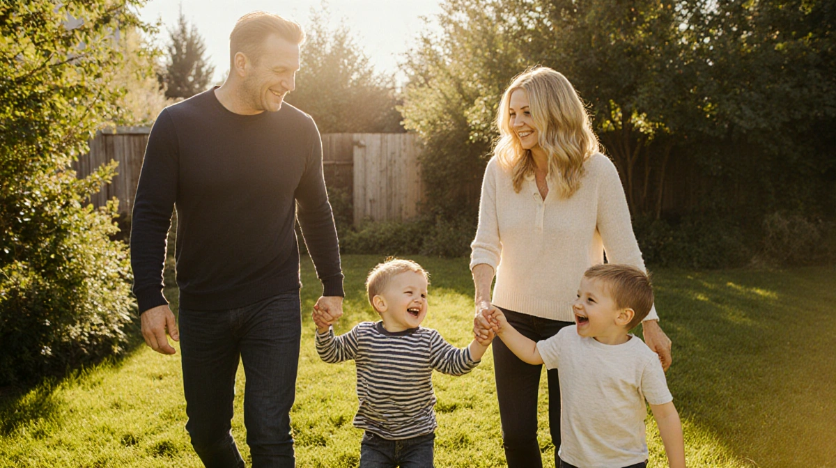 Stellan Skarsgård and Megan Everett holding hands while watching their sons play together in sunny backyard with lush greener