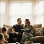 Stellan Skarsgård and wife Megan relax on couch with children playing nearby and family photos on shelf