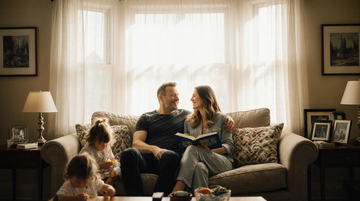 Stellan Skarsgård and wife Megan relax on couch with children playing nearby and family photos on shelf