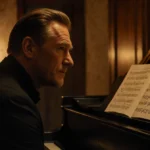 Stellan Skarsgård playing piano with handwritten Donna sheet music and golden cottage lighting