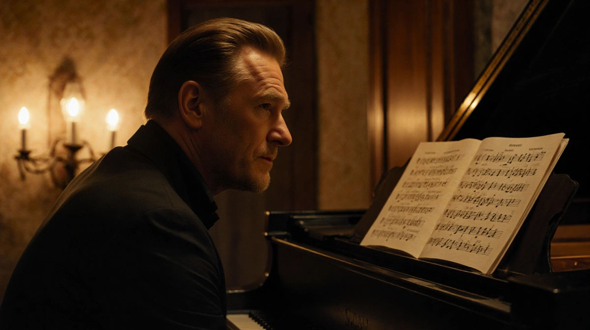 Stellan Skarsgård playing piano with handwritten Donna sheet music and golden cottage lighting