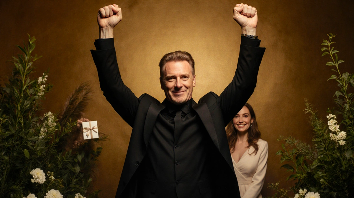 Stellan Skarsgård raises arms in triumph with elegant wife and golden florals celebrating success