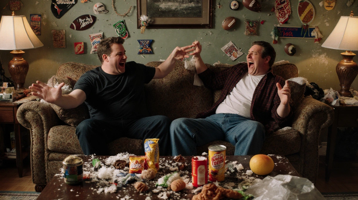 Adam Scott laughing with arms flailing while sitting on couch with Will Ferrell amid messy living room with snacks