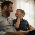 Young boy laughing on father