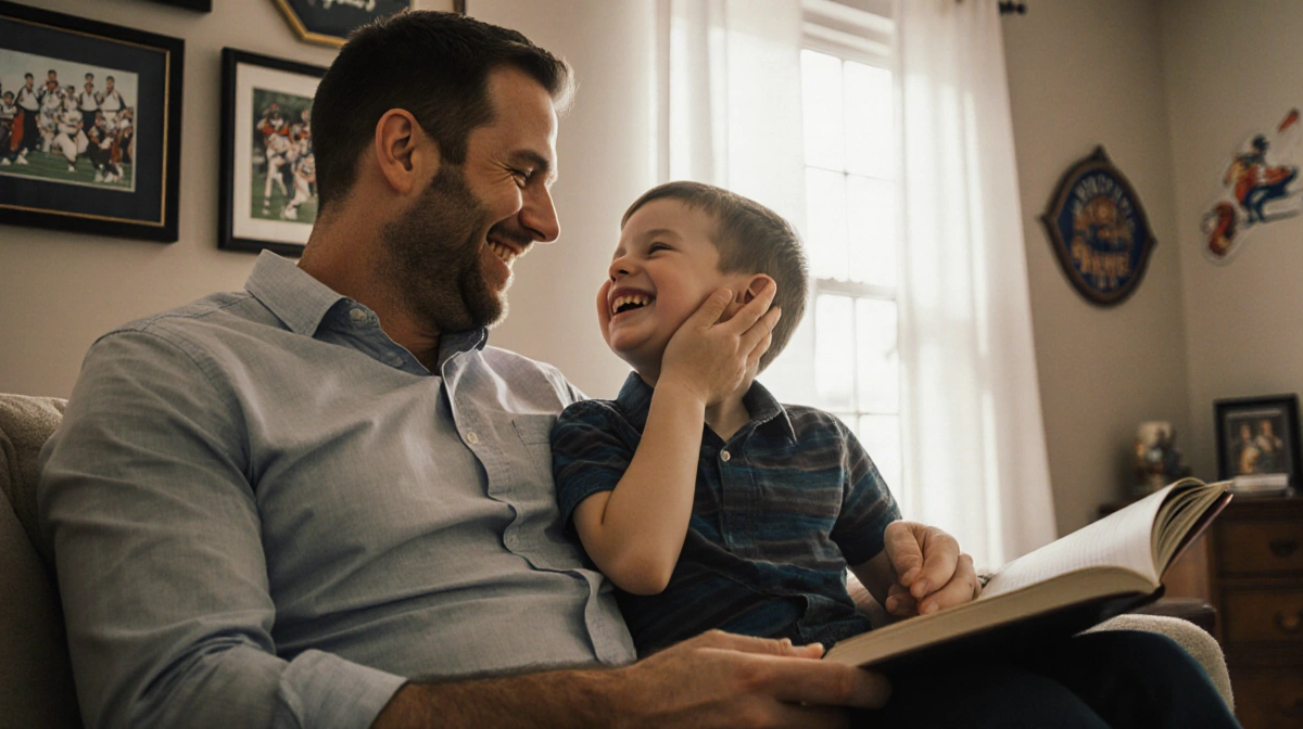 Young boy laughing on father