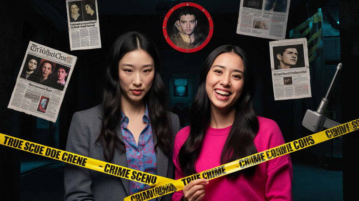Stephanie Hsu and Zosia Mamet investigating crime scene with yellow tape and newspaper clippings showing serial killer headli