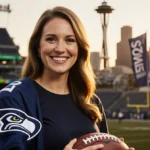 Stephanie Macdonald holding a football with Seahawks jersey over her shoulder and golden sunset light