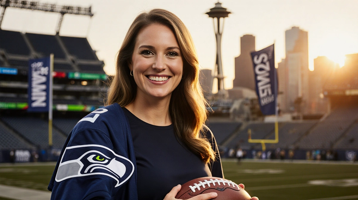 Stephanie Macdonald holding a football with Seahawks jersey over her shoulder and golden sunset light