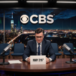 Stephen Colbert sits alone at late-night desk looking down with CBS logo behind and episode card.
