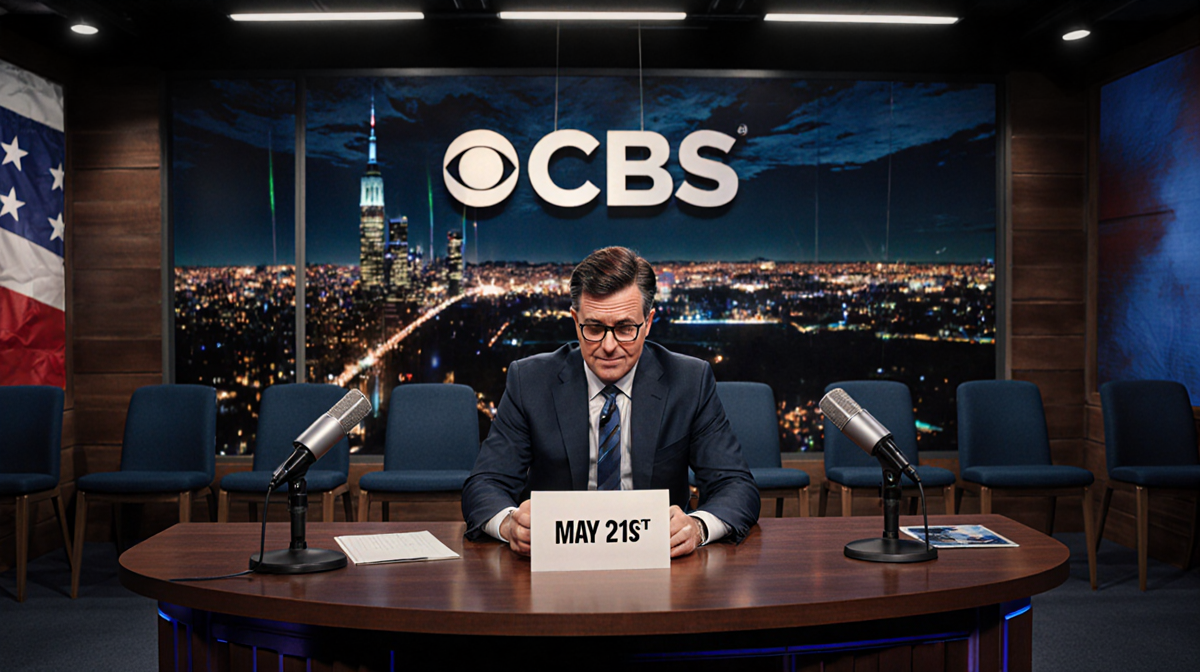 Stephen Colbert sits alone at late-night desk looking down with CBS logo behind and episode card.