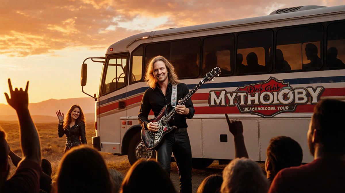 Stephen Gibb performing live with Black Label Society on stage with tour bus and sunset crowd behind
