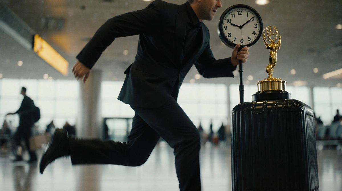Stephen Graham rushing through an airport terminal with a suitcase and a Golden Globe in hand while a countdown clock blares