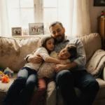Stephen Graham hugs his children on cozy couch with family photos and warm natural light showing tender family moment