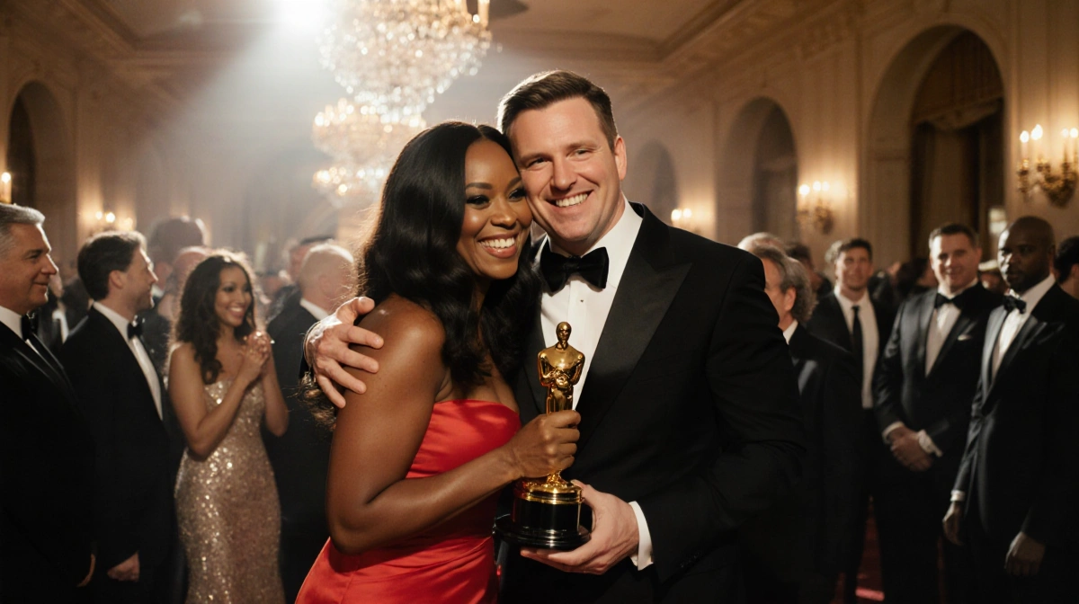 Stephen Graham hugging Queen Latifah with Golden Globe award and red dress at celebrity event
