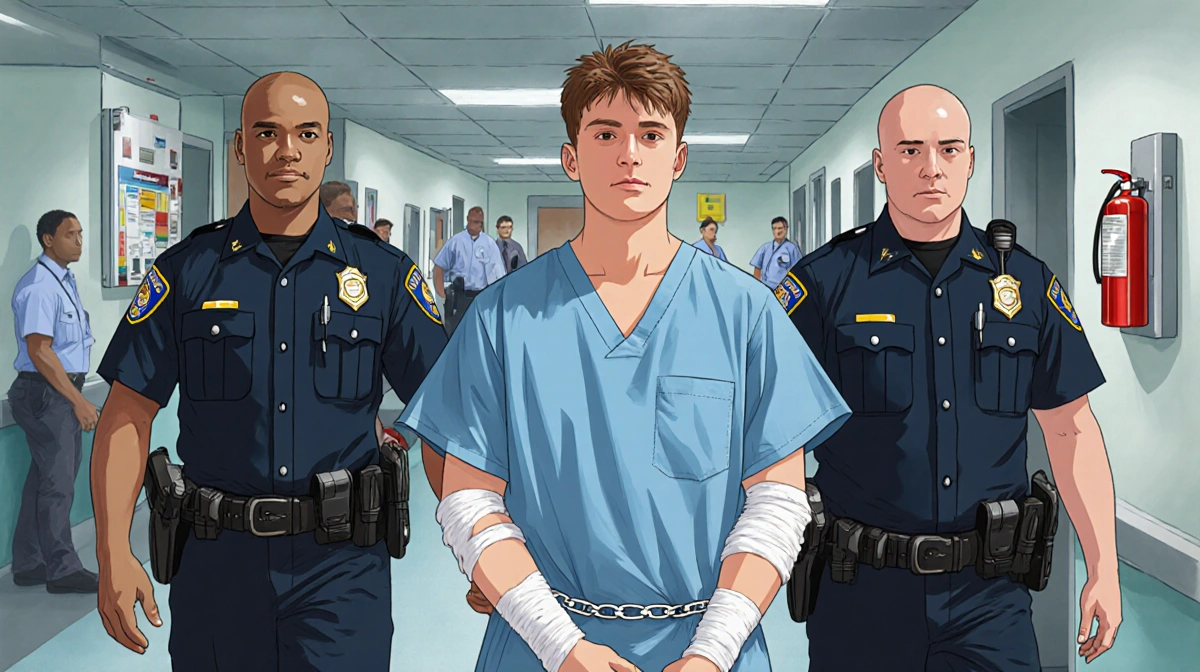 Young man in handcuffs wearing hospital gown with bandages and fire extinguisher showing arrest at medical center