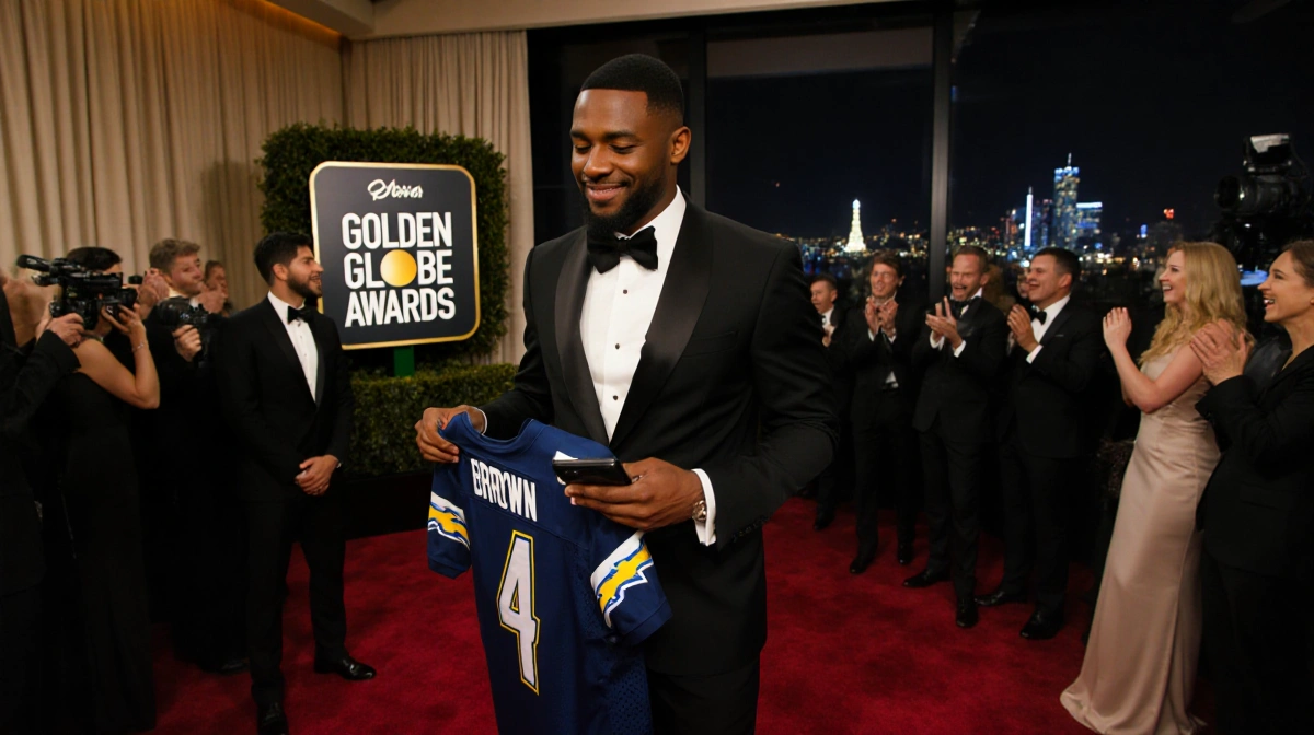 Sterling K. Brown walking red carpet with Golden Globes logo and Los Angeles city lights behind him