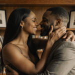 Sterling K. Brown embraces Ryan Michelle Bathé with warm golden light and a book‑filled bookshelf.