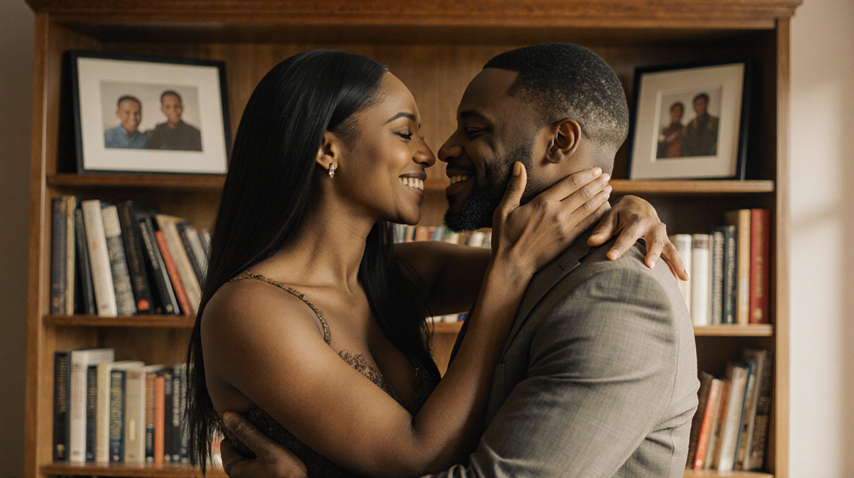 Sterling K. Brown embraces Ryan Michelle Bathé with warm golden light and a book‑filled bookshelf.
