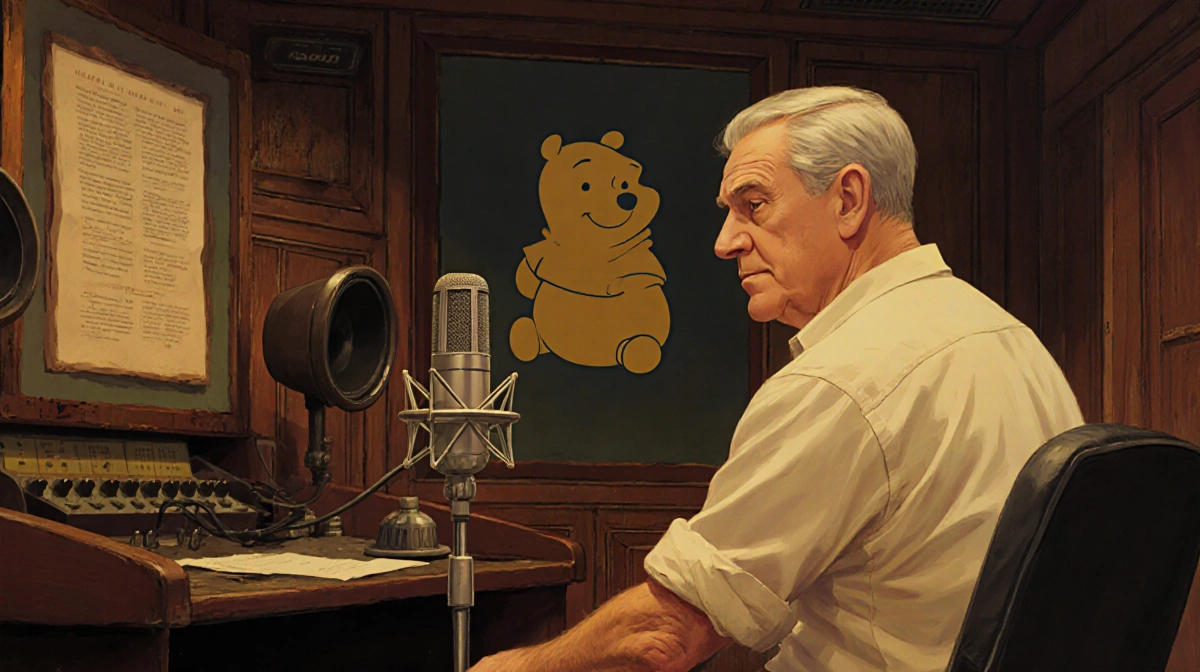 Sterling Holloway recording in vintage Disney studio with Winnie the Pooh silhouette on wall