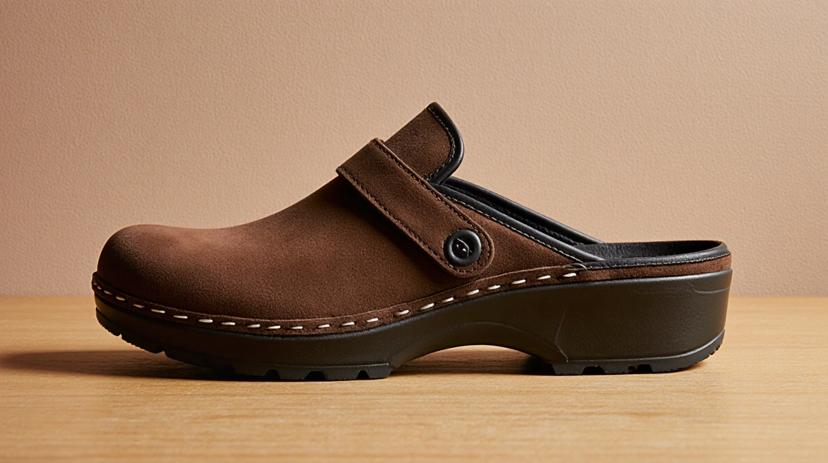 Steve Madden suede clogs rest on wooden surface with folded penny-loafer strap and contoured footbed showing comfort design